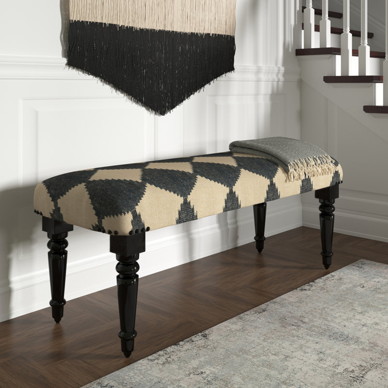 Covington Modern Country Farmhouse Tan Black Checkered Jute Handmade Upholstered Bench